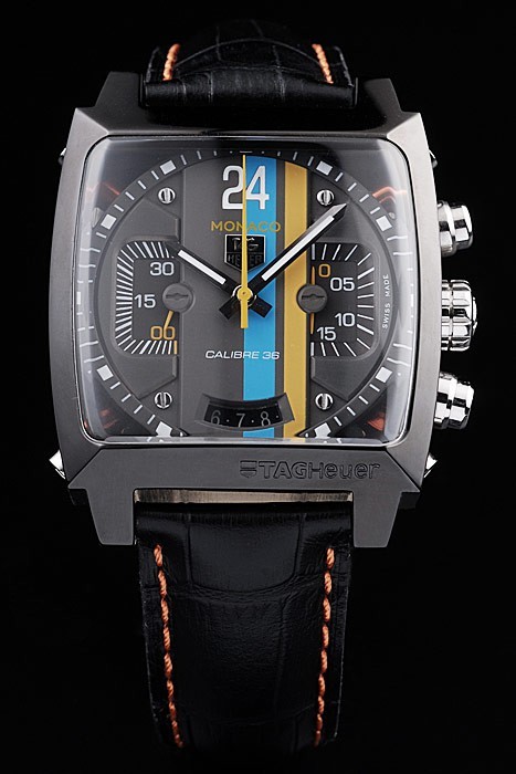 Tag Heuer Monaco sveitsisk Black Leather Strap Blue Yellow Striped Black Dial